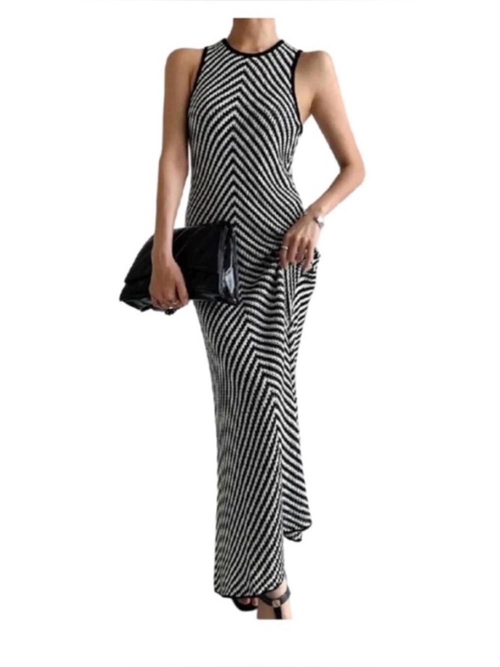 House of Harlow 1960 Crochet Black and Cream Striped Knit Maxi Dress